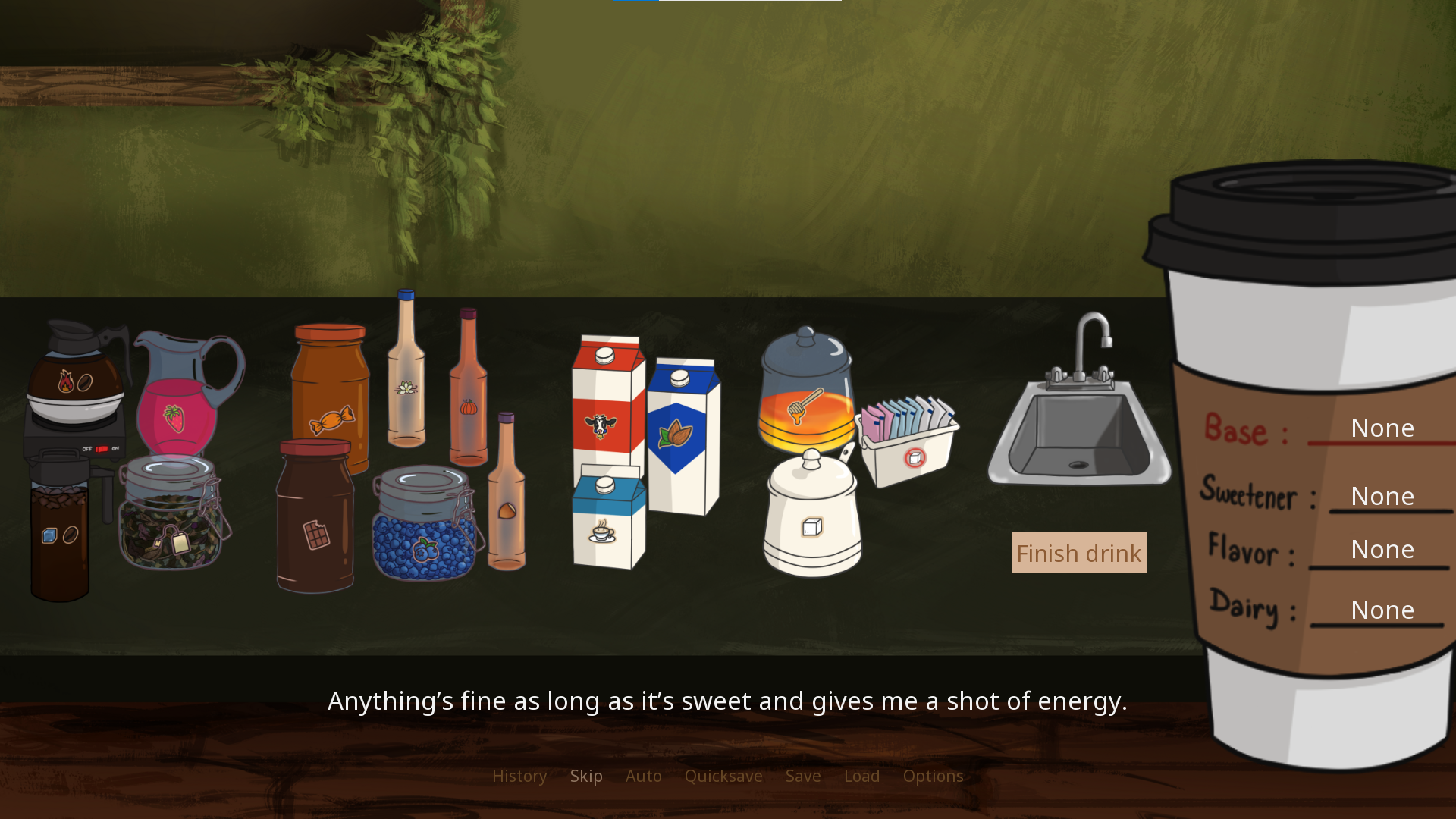 The drink preparation minigame, where several ingredients and a sink are arranged along a green counter. A coffee cup displaying the current ingredients is also on-screen. “Anything's fine as long as it's sweet, and gives me a shot of energy.” is displayed in the hint field.