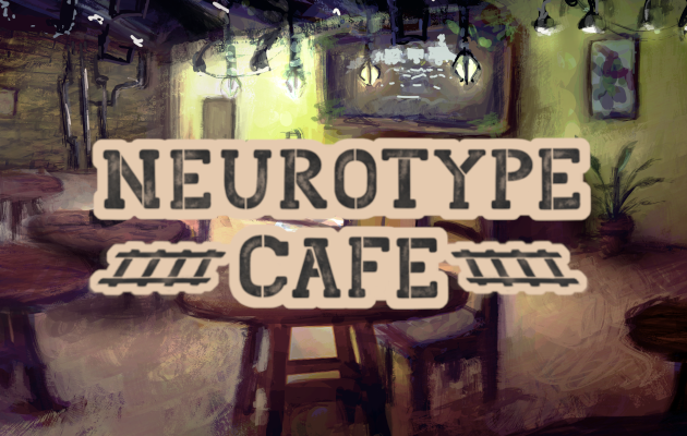 The game logo, “Neurotype Cafe,” with two rail lines. It is seen over the background of a warm train station cafe.height.