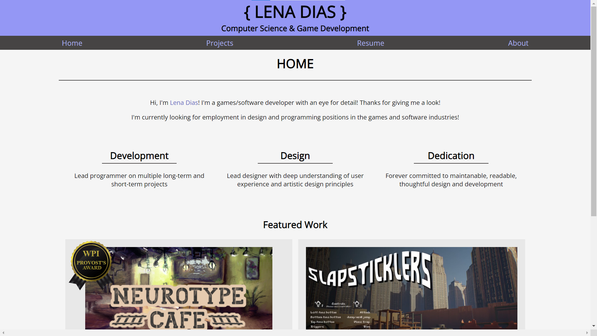 The portfolio home page, displaying virtues, the nav bar, and purple title. Two works featured include Neurotype Cafe and Slapsticklers.