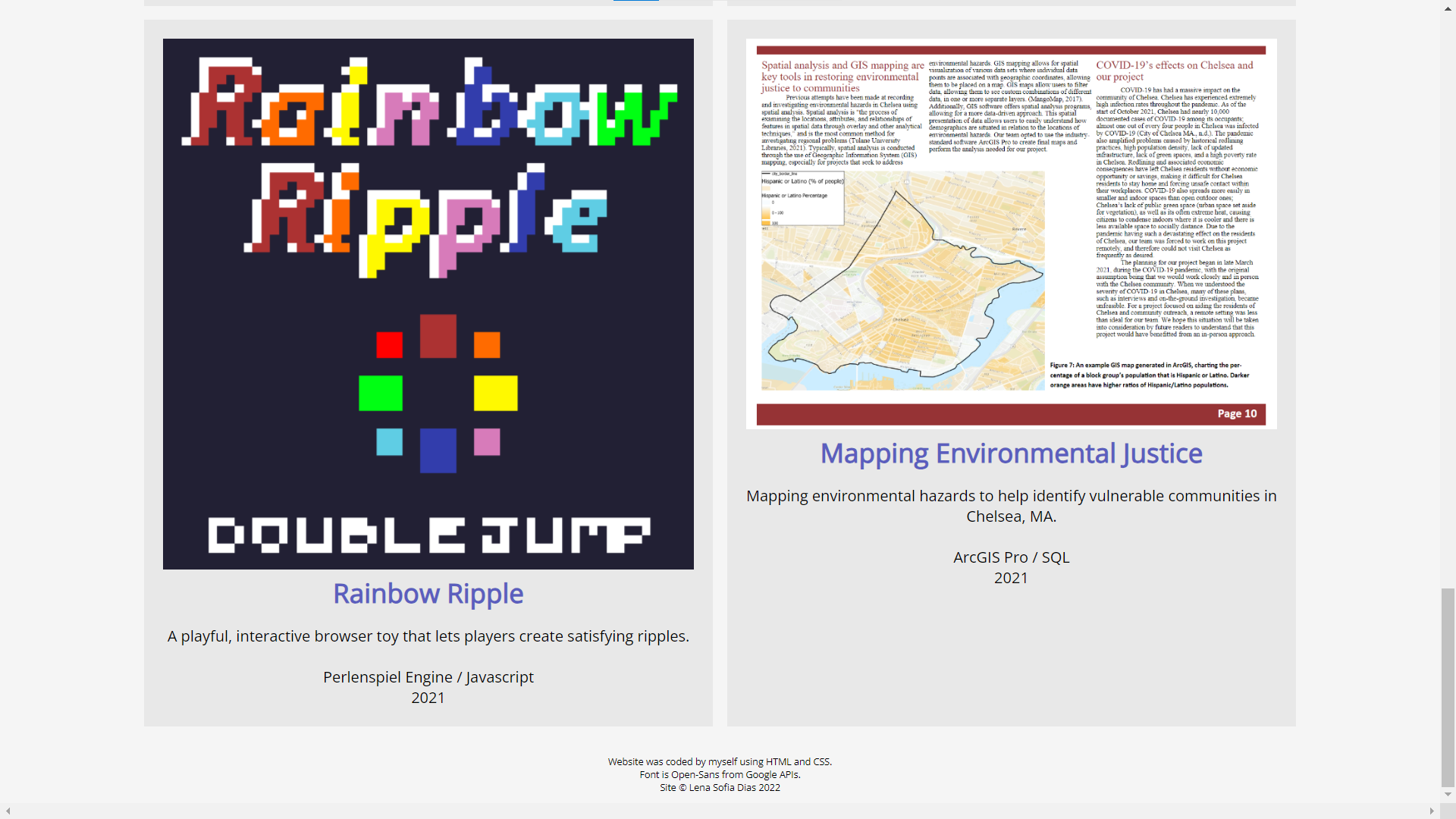 The projects page, featuring Rainbow Ripple and Mapping Environmental Justice.