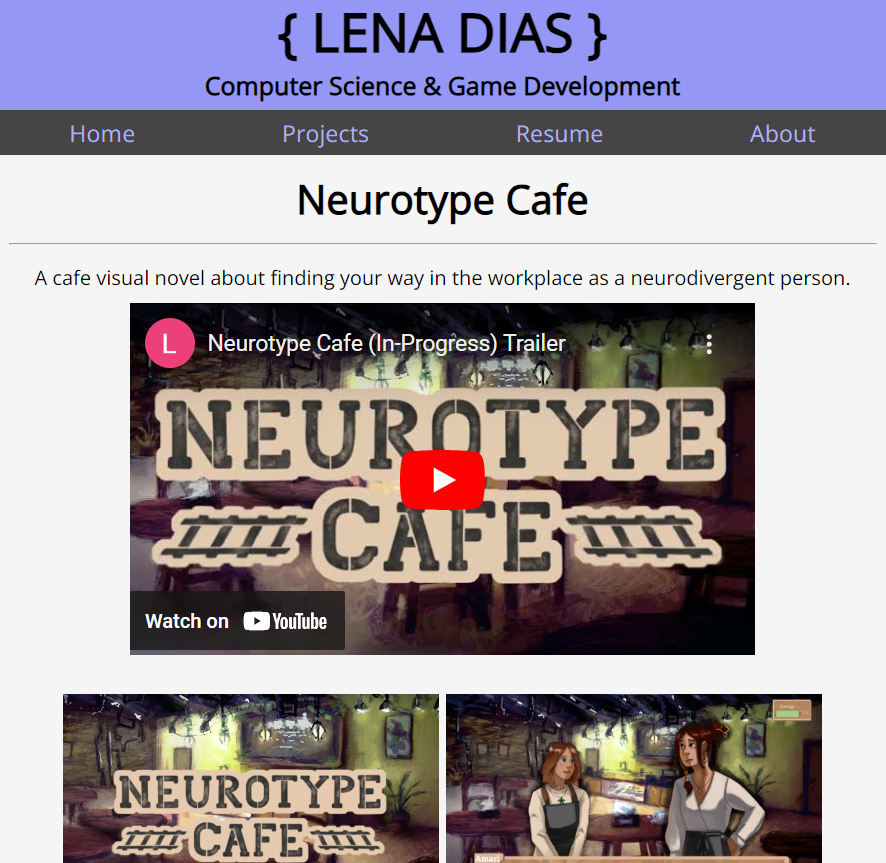 The layout of the website with images from the Neurotype Cafe page, which has adjusted to be more vertical, when the width of the window is decreased.