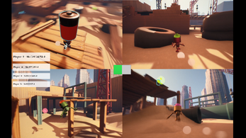 Gameplay of Slapsticklers. In the center is a battery gauge that is halfway empty. In splitscreen, four robots run across a construction site. Three players chase the top-left player across a construction site.