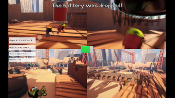A similar view as the first image, but Player 1 is attacking Player 2, who drops the battery. “The battery was dropped!” is displayed across the top of the screen.