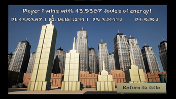 The results screen, which is a set of constructed skyscrapers in a fenced-in construction site. The screen says “Player 1 wins with 43.5387 J!” and also displayed the other players's scores.