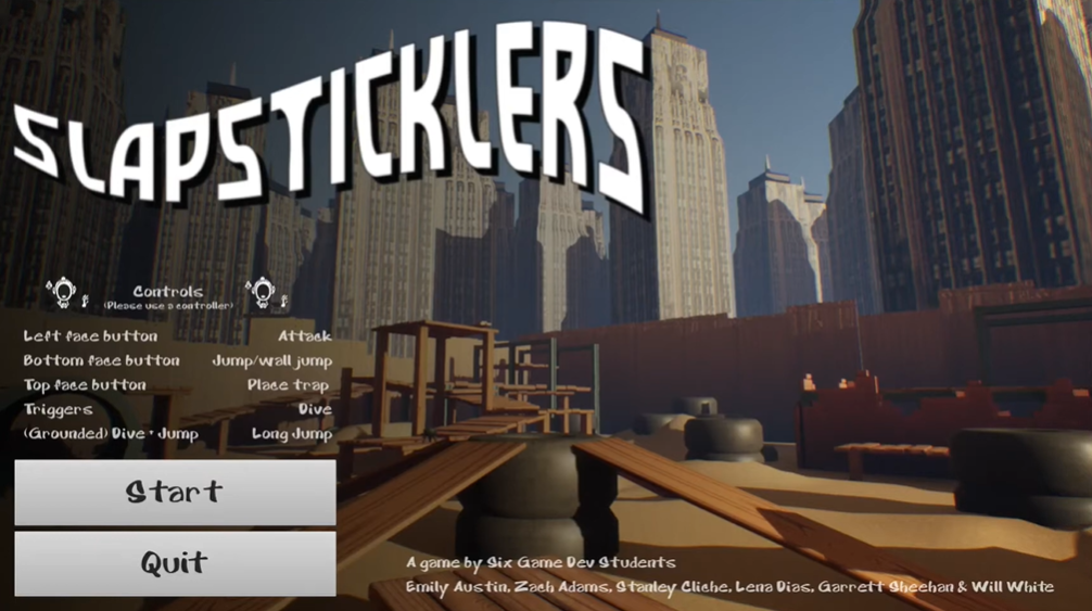 The title screen for “Slapsticklers,” which details controls, has Start and Quit buttons, and lists the game's creators. A city construction site can be seen in the background.