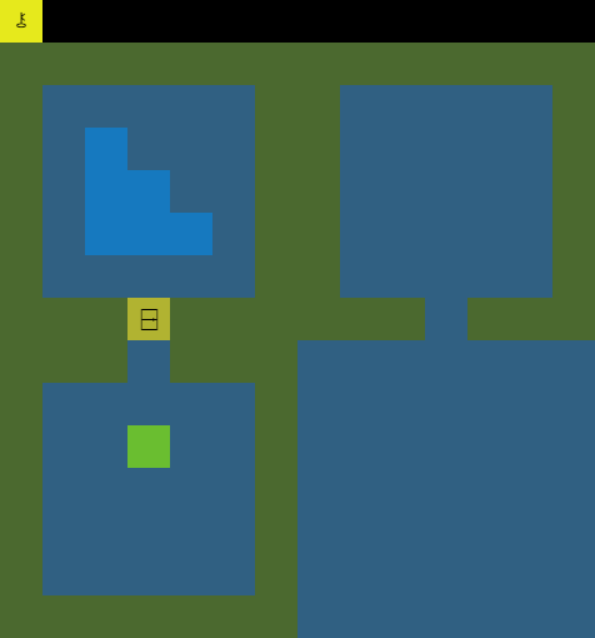 The later level, but the key has been collected and placed in the player's black inventory bar. The player is moving towards the yellow door.